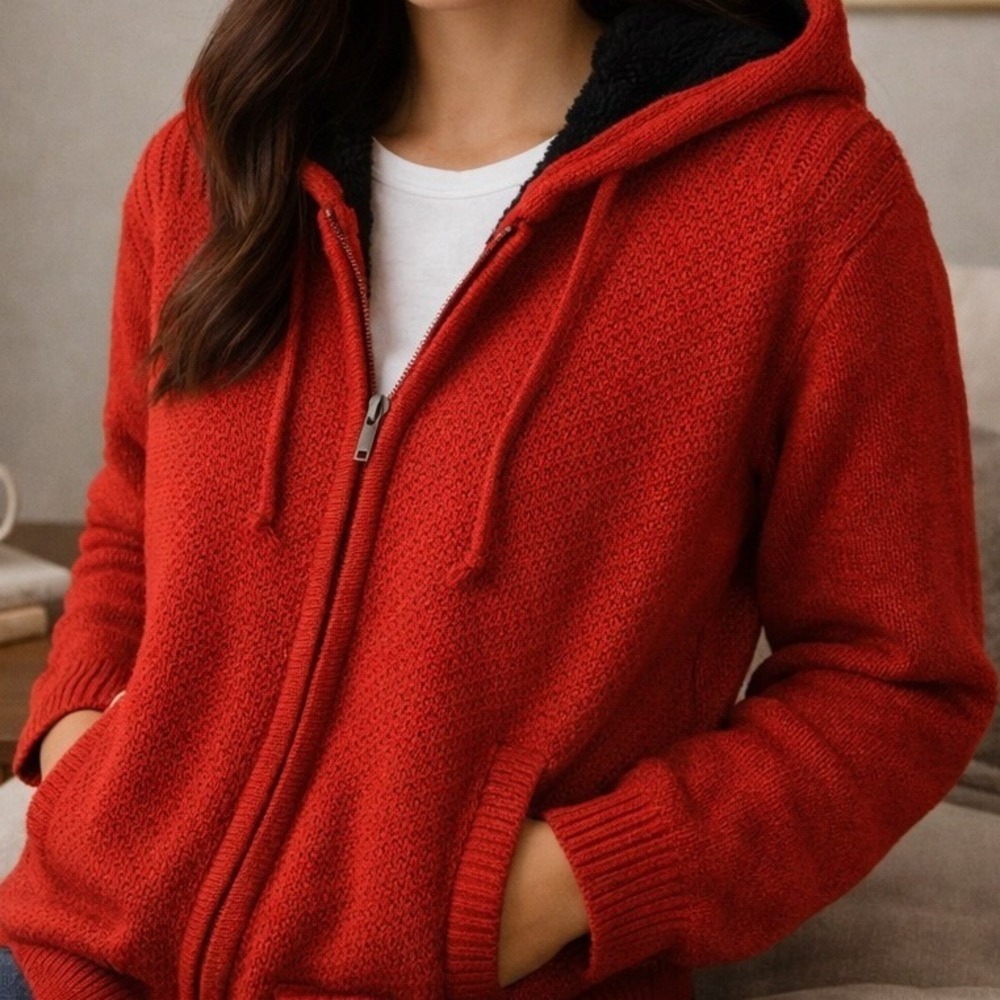 Knit Faux Fur Lined Zip Hoodie Sweater L Red‎ Soft Cozy Fleece Lined Jacket USA